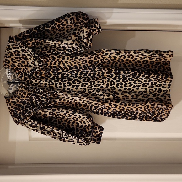 Ganni Leopard Print Puff Sleeve Collar Dress Size 4 - Picture 3 of 12